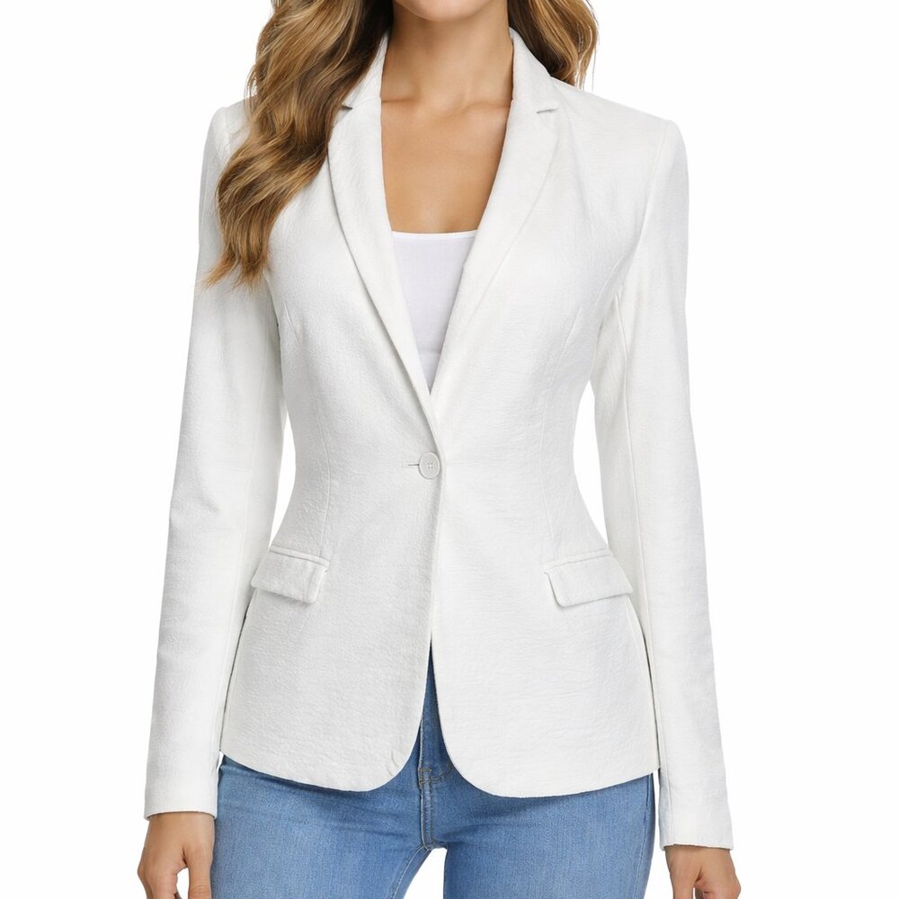 Magaschoni Minimalist White Single Button Jersey Knit Blazer Large